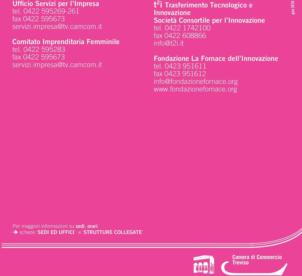 0422 1742100 fax 0422 608866 info@t2i.it Fondazione La Fornace dell Innovazione tel. 0423 951611 fax 0423 951612 info@fondazionefornace.org www.