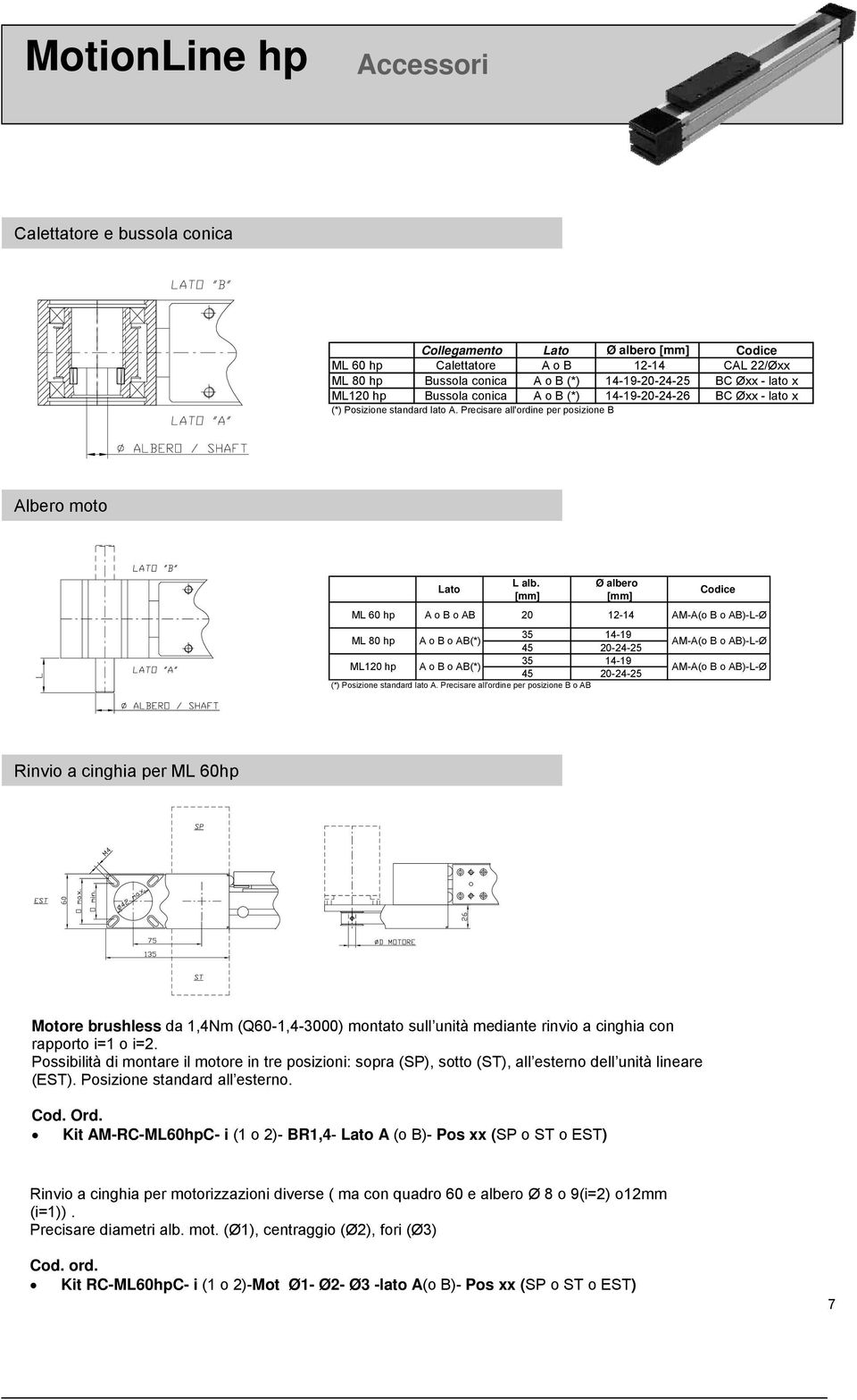 Ø albero Lato Codice [mm] [mm] ML 60 hp A o B o AB 20 12-14 AM-A(o B o AB)-L-Ø ML 80 hp A o B o AB(*) 35 14-19 45 20-24-25 AM-A(o B o AB)-L-Ø ML120 hp A o B o AB(*) 35 14-19 45 20-24-25 AM-A(o B o