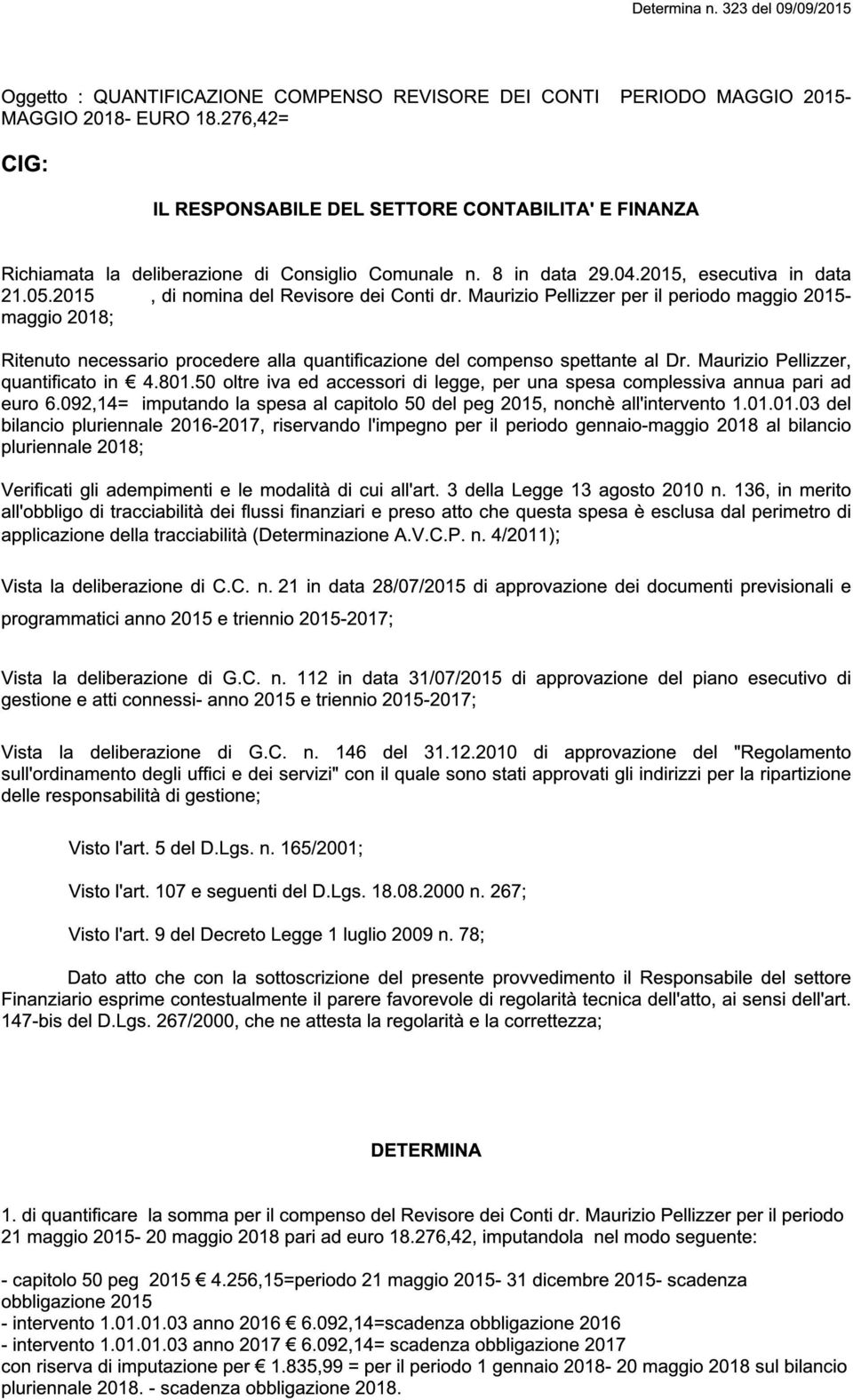 2015, di nomina del Revisore dei Conti dr. Maurizio Pellizzer per il periodo maggio 2015- maggio 2018; Ritenuto necessario procedere alla quantificazione del compenso spettante al Dr.