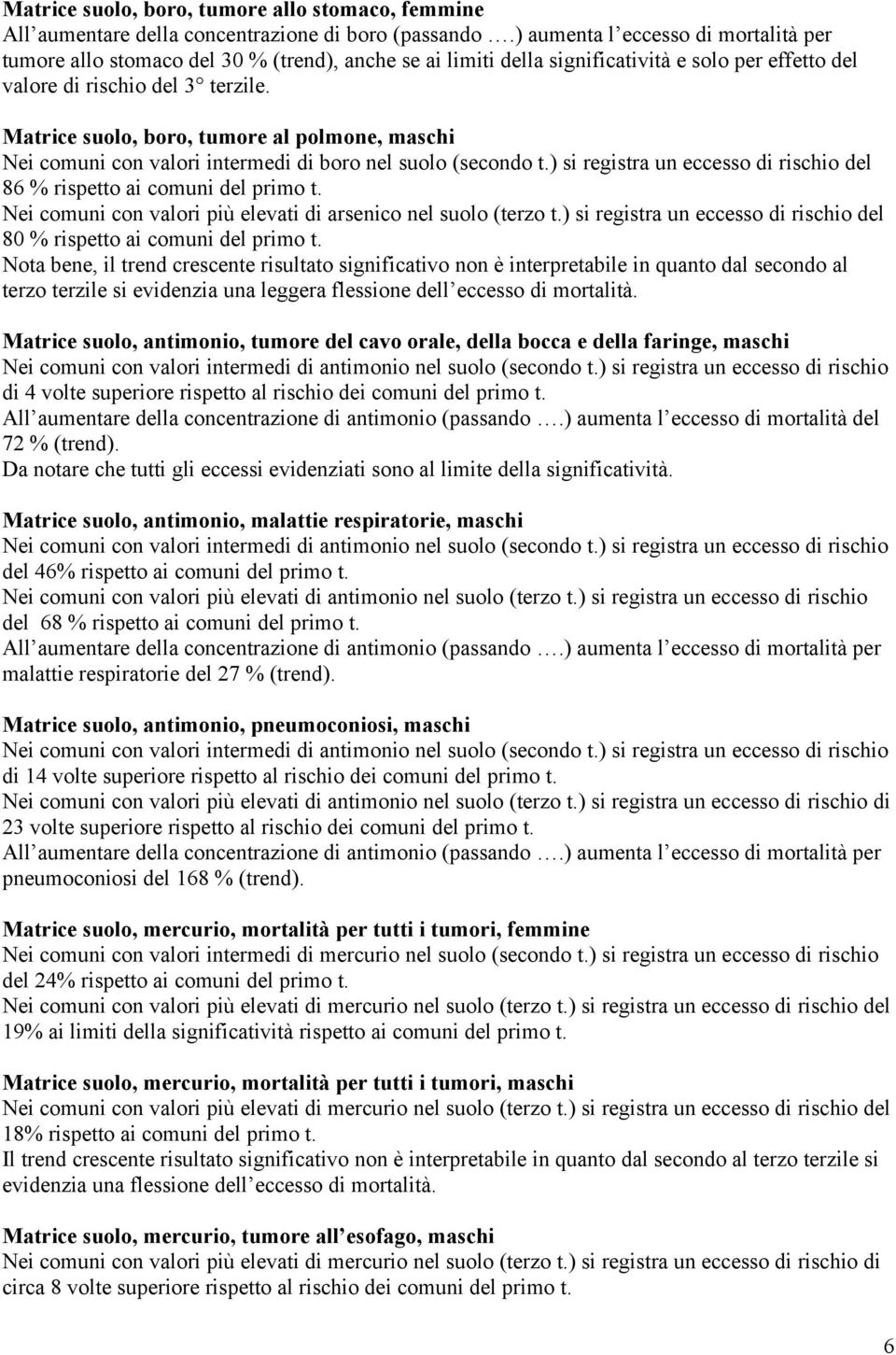 Matrice suolo, boro, tumore al polmone, maschi Nei comuni con valori intermedi di boro nel suolo (secondo t.) si registra un eccesso di rischio del 86 % rispetto ai comuni del primo t.