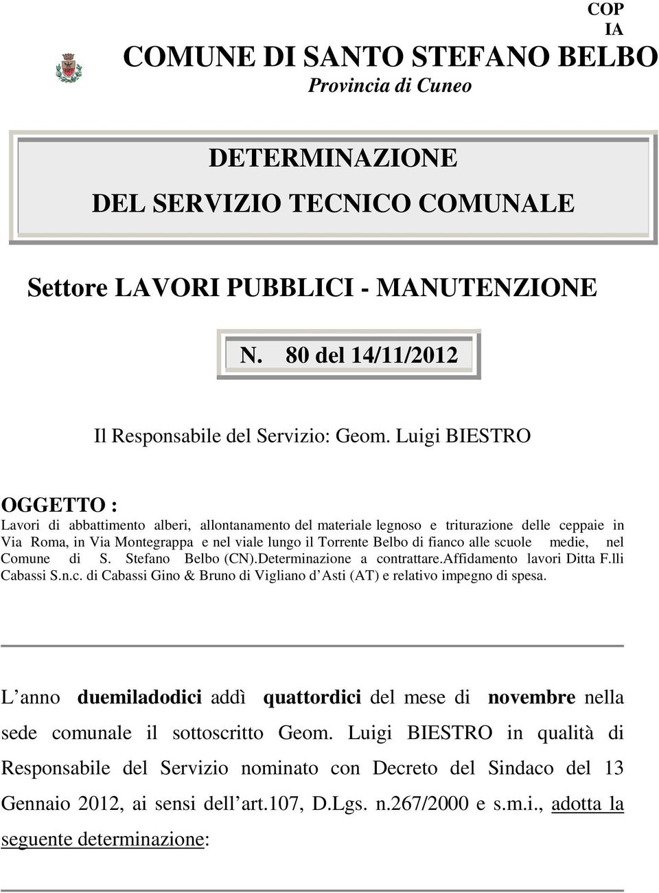 alle scuole medie, nel Comune di S. Stefano Belbo (CN).Determinazione a contrattare.affidamento lavori Ditta F.lli Cabassi S.n.c. di Cabassi Gino & Bruno di Vigliano d Asti (AT) e relativo impegno di spesa.