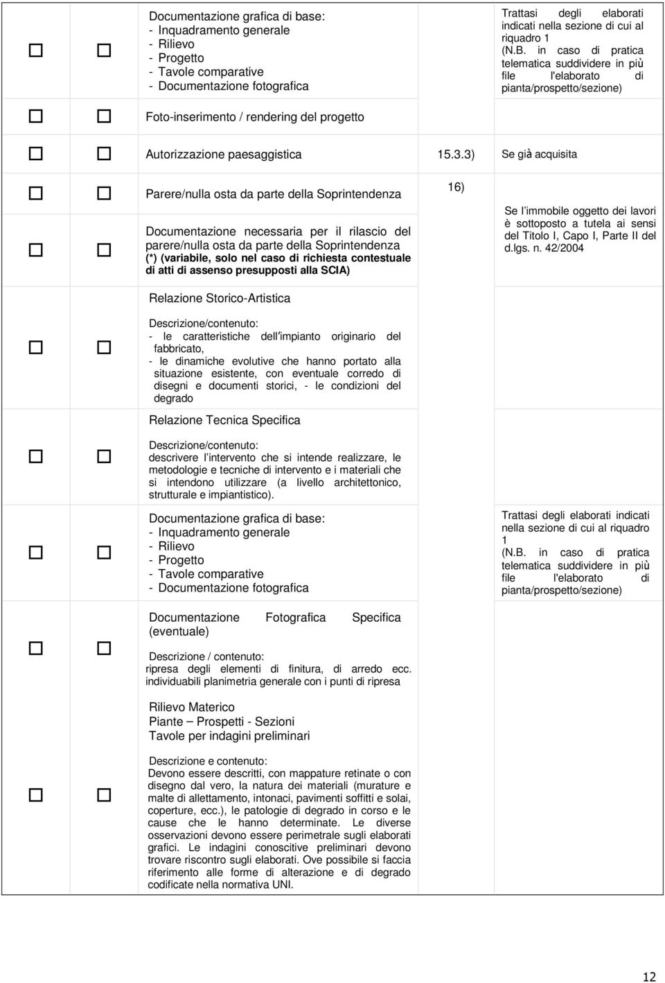 3) Se già acquisita Parere/nulla osta da parte della Soprintendenza Documentazione necessaria per il rilascio del parere/nulla osta da parte della Soprintendenza (*) (variabile, solo nel caso di