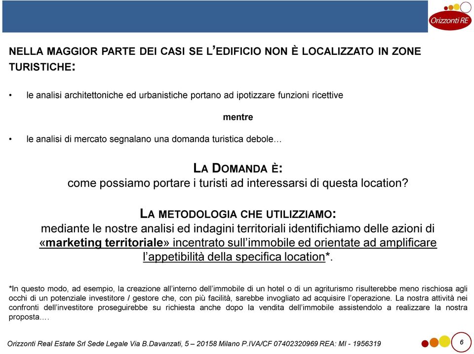 LA METODOLOGIA CHE UTILIZZIAMO: mediante le nostre analisi ed indagini territoriali identifichiamo delle azioni di «marketing territoriale» incentrato sull immobile ed orientate ad amplificare l