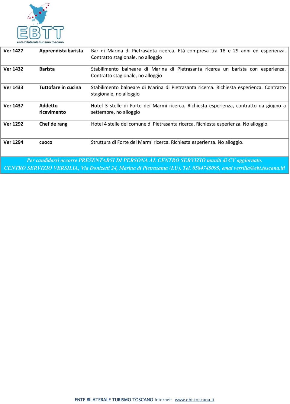 Contratto stagionale, no alloggio Ver 1433 Tuttofare in cucina Stabilimento balneare di Marina di Pietrasanta ricerca. Richiesta esperienza.