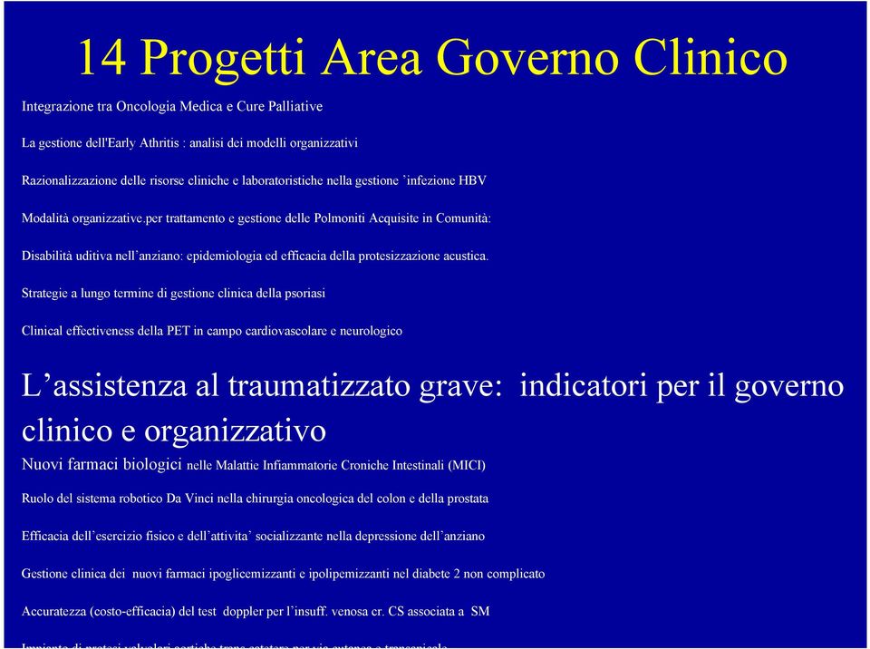 Clinical effectiveness della PET in campo cardiovascolare e neurologico L assistenza al traumatizzato grave: indicatori per il governo clinico e organizzativo Nuovi farmaci biologici nelle Malattie