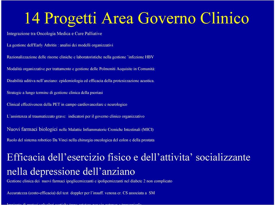 Clinical effectiveness della PET in campo cardiovascolare e neurologico L assistenza al traumatizzato grave: indicatori per il governo clinico organizzativo Nuovi farmaci biologici nelle Malattie