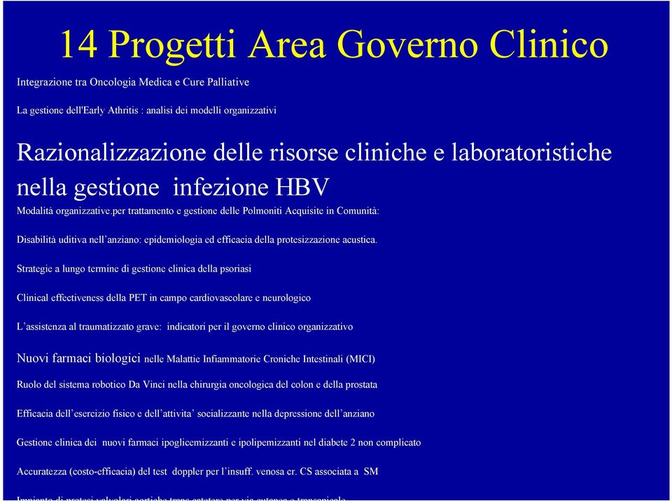 Clinical effectiveness della PET in campo cardiovascolare e neurologico L assistenza al traumatizzato grave: indicatori per il governo clinico organizzativo Nuovi farmaci biologici nelle Malattie