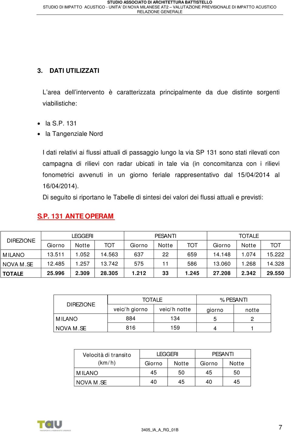 fonometrici avvenuti in un giorno feriale rappresentativo dal 15/04/2014 al 16/04/2014). Di seguito si riportano le Tabelle di sintesi dei valori dei flussi attuali e previsti: S.P.