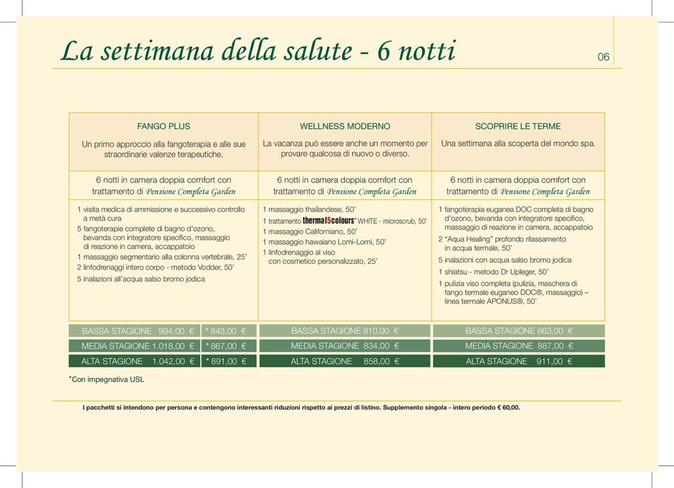 6 notti in camera doppia comfort con 1 visita medica di ammissione e successivo controllo a metà cura 5 fangoterapie complete di bagno d ozono, bevanda con integratore specifico, massaggio di