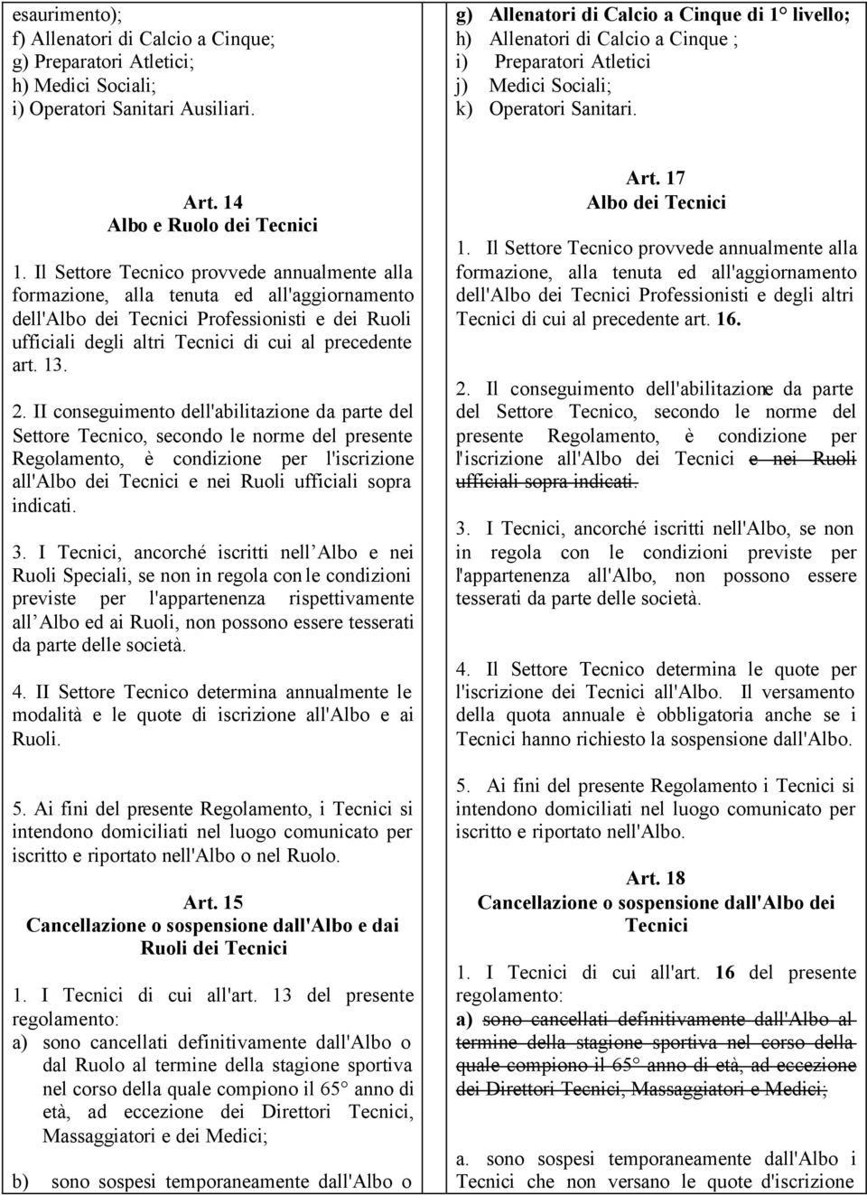 Il Settore Tecnico provvede annualmente alla formazione, alla tenuta ed all'aggiornamento dell'albo dei Tecnici Professionisti e dei Ruoli ufficiali degli altri Tecnici di cui al precedente art. 13.