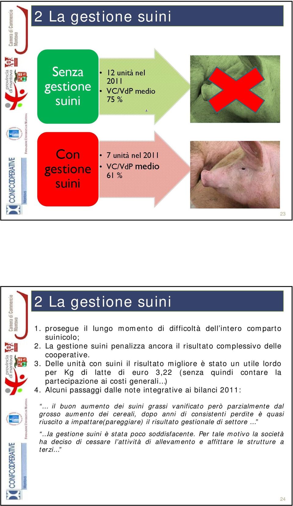 Delle unità con suini il risultato migliore è stato un utile lordo per Kg di latte di euro 3,22 (senza quindi contare la partecipazione ai costi generali ) 4.