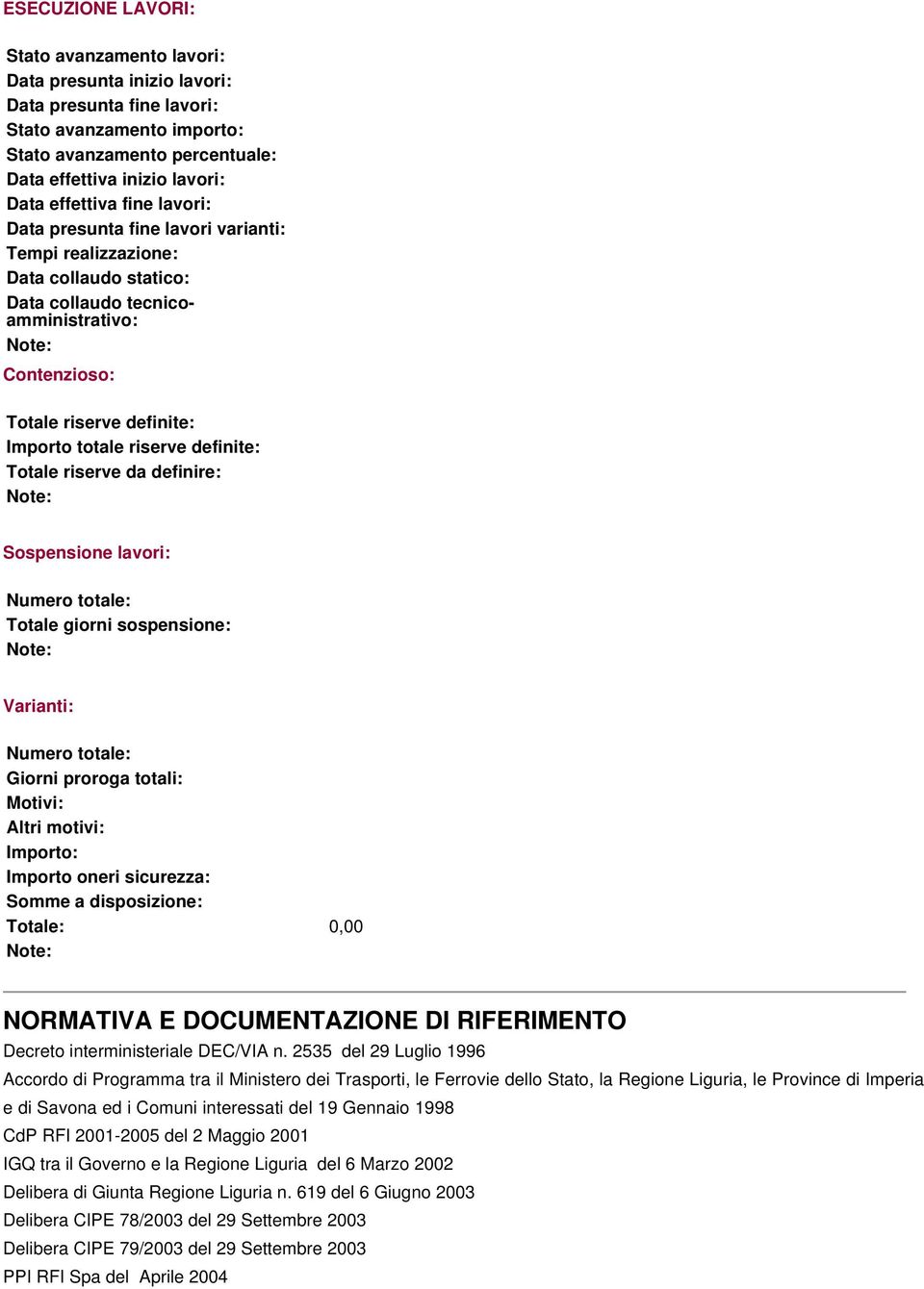 riserve definite: Totale riserve da definire: Sospensione lavori: Numero totale: Totale giorni sospensione: Varianti: Numero totale: Giorni proroga totali: Motivi: Altri motivi: Importo: Importo