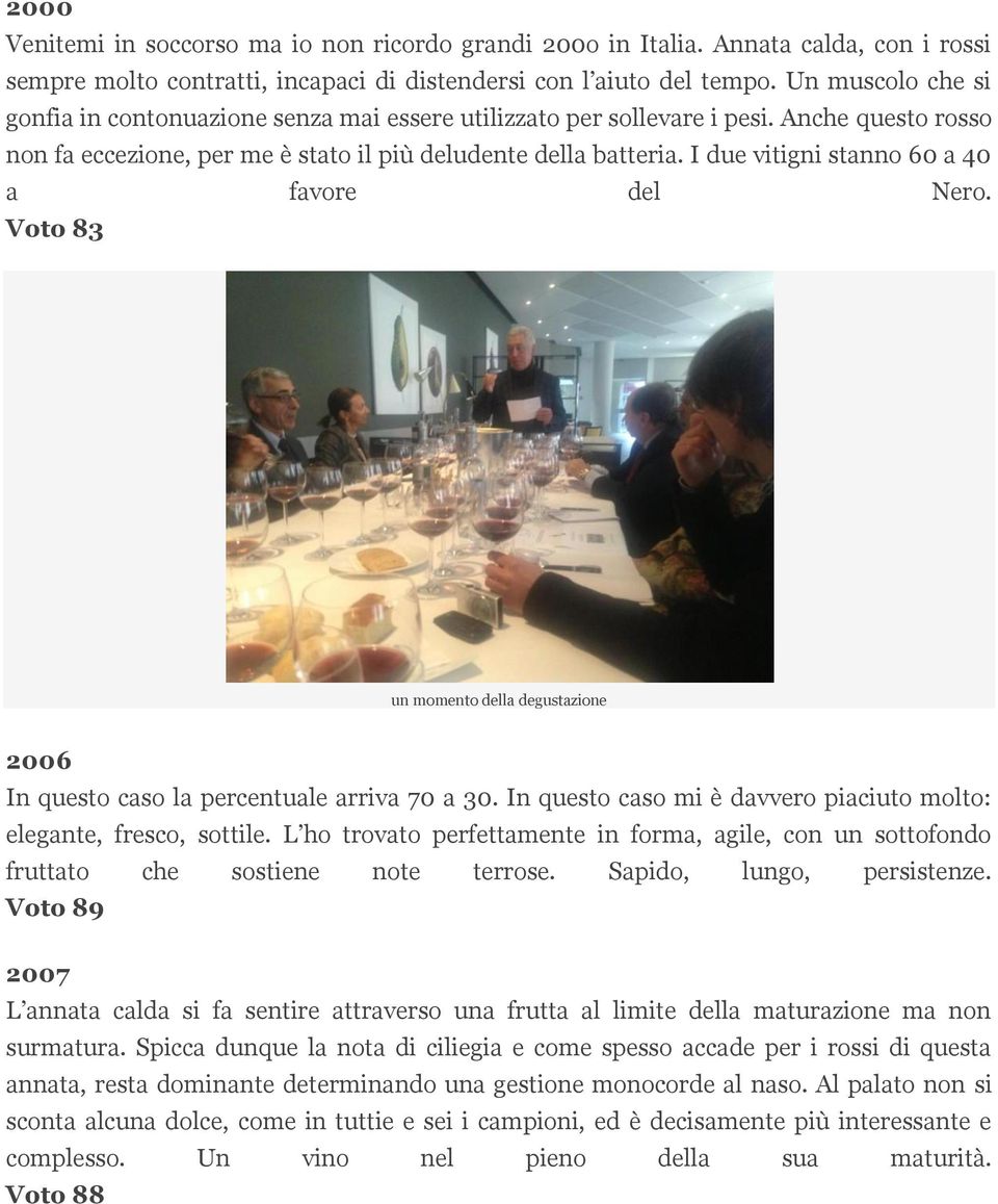 I due vitigni stanno 60 a 40 a favore del Nero. Voto 83 un momento della degustazione 2006 In questo caso la percentuale arriva 70 a 30.