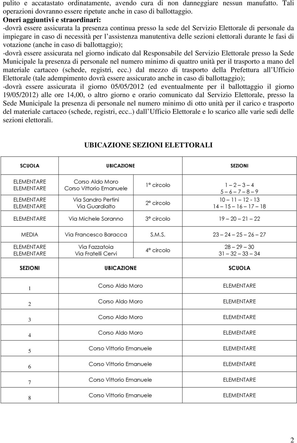 sezioni elettorali durante le fasi di votazione (anche in caso di ballottaggio); -dovrà essere assicurata nel giorno indicato dal Responsabile del Servizio Elettorale presso la Sede Municipale la