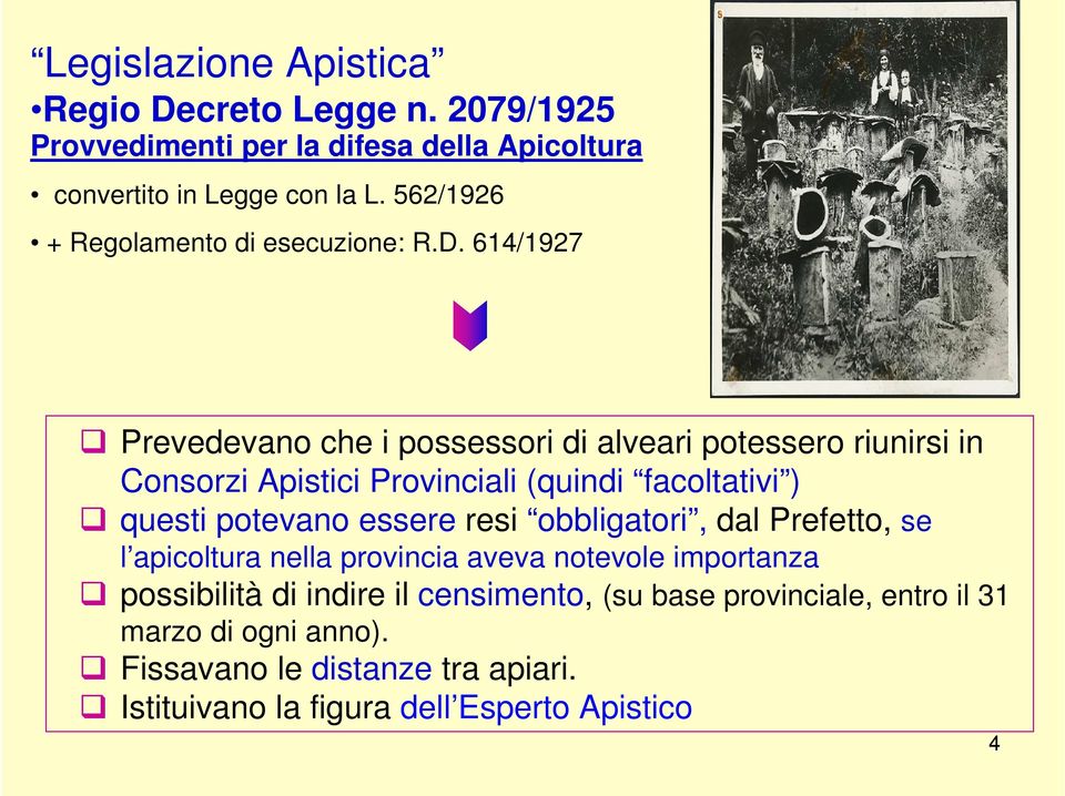 614/1927 Prevedevano che i possessori di alveari potessero riunirsi in Consorzi Apistici Provinciali (quindi facoltativi ) questi potevano