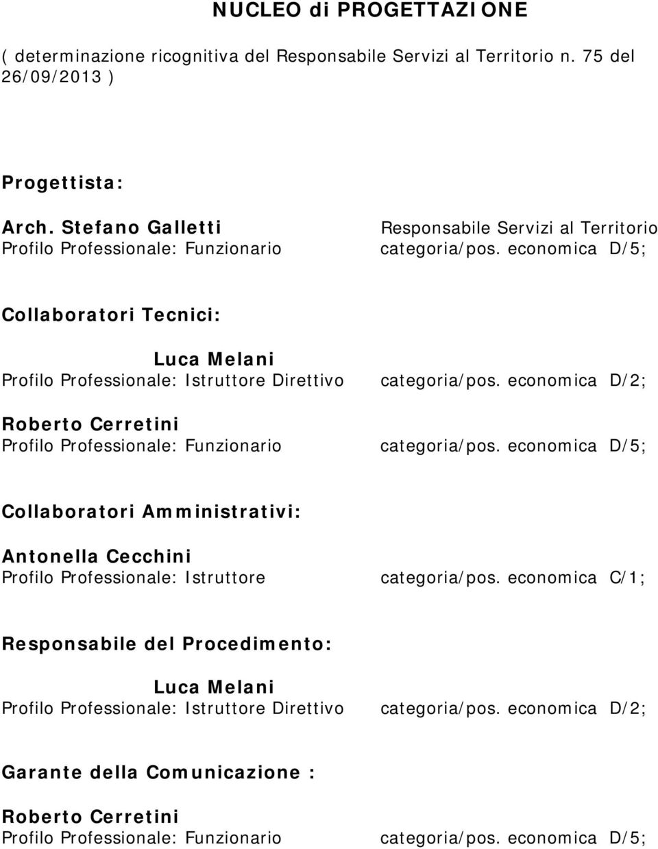 economica D/5; Collaboratori Tecnici: Luca Melani Profilo Professionale: Istruttore Direttivo Roberto Cerretini Profilo Professionale: Funzionario categoria/pos. economica D/2; categoria/pos.