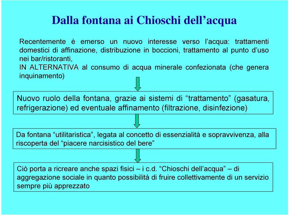 refrigerazione) ed eventuale affinamento (filtrazione, disinfezione) Da fontana utilitaristica, legata al concetto di essenzialità e sopravvivenza, alla riscoperta del piacere