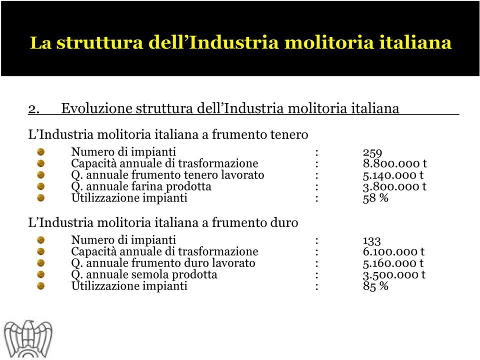 000 t Q. annuale frumento tenero lavorato : 5.140.000 t Q. annuale farina prodotta : 3.800.