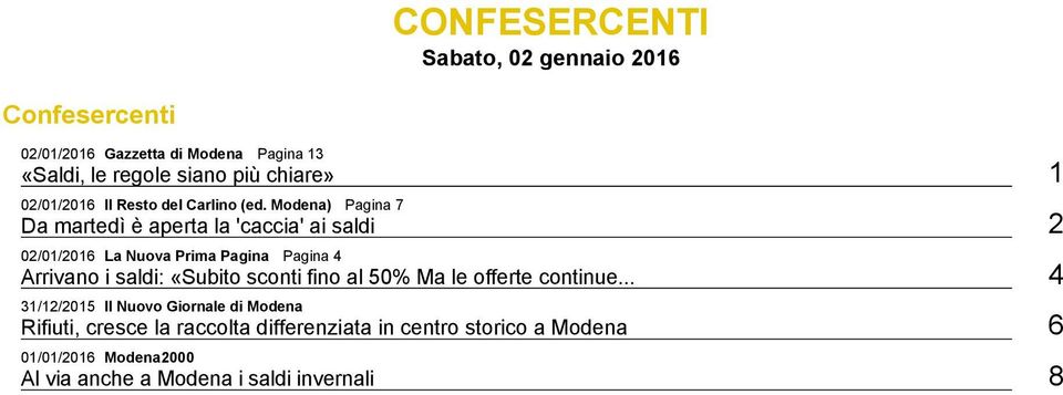 Modena) Pagina 7 Da martedì è aperta la 'caccia' ai saldi 2 02/01/2016 La Nuova Prima Pagina Pagina 4 Arrivano i saldi: