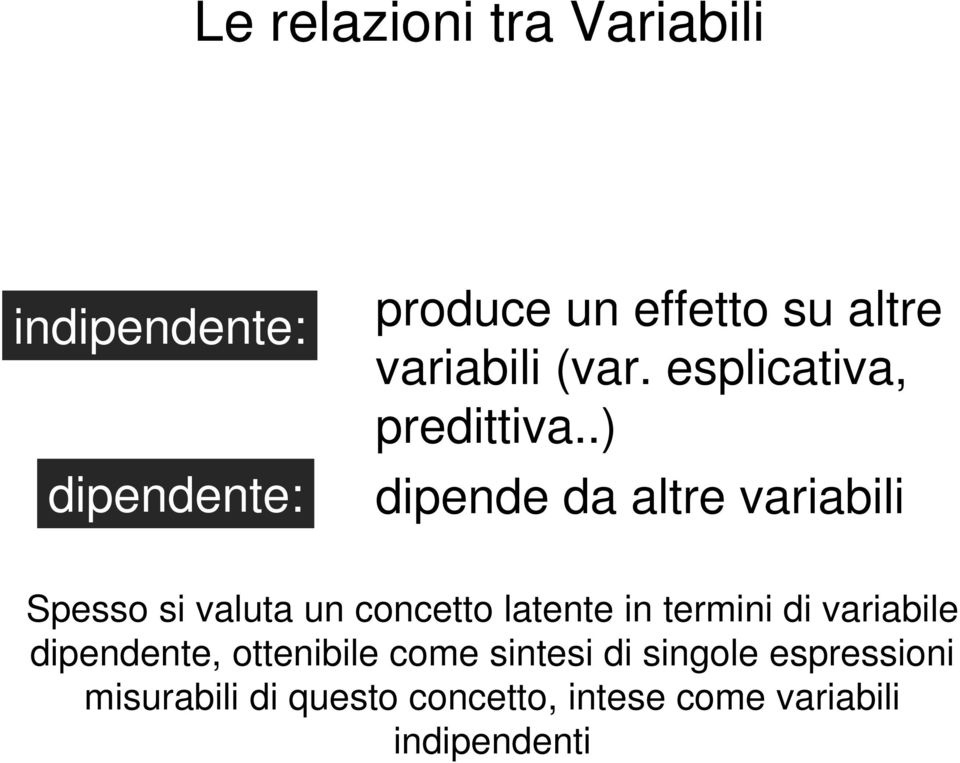 .) dipende da altre variabili Spesso si valuta un concetto latente in termini di