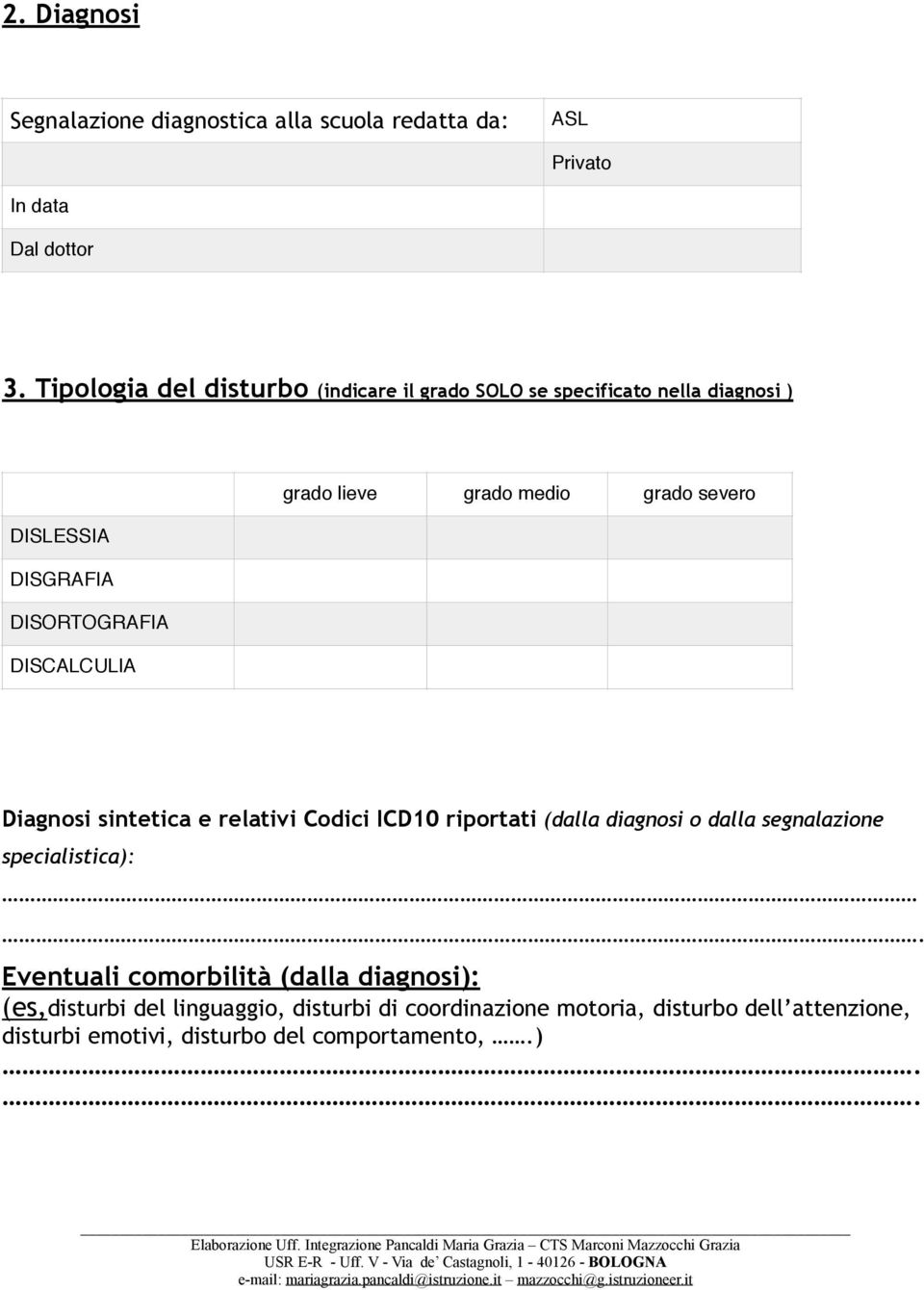 DISORTOGRAFIA DISCALCULIA Diagnosi sintetica e relativi Codici ICD10 riportati (dalla diagnosi o dalla segnalazione specialistica):.