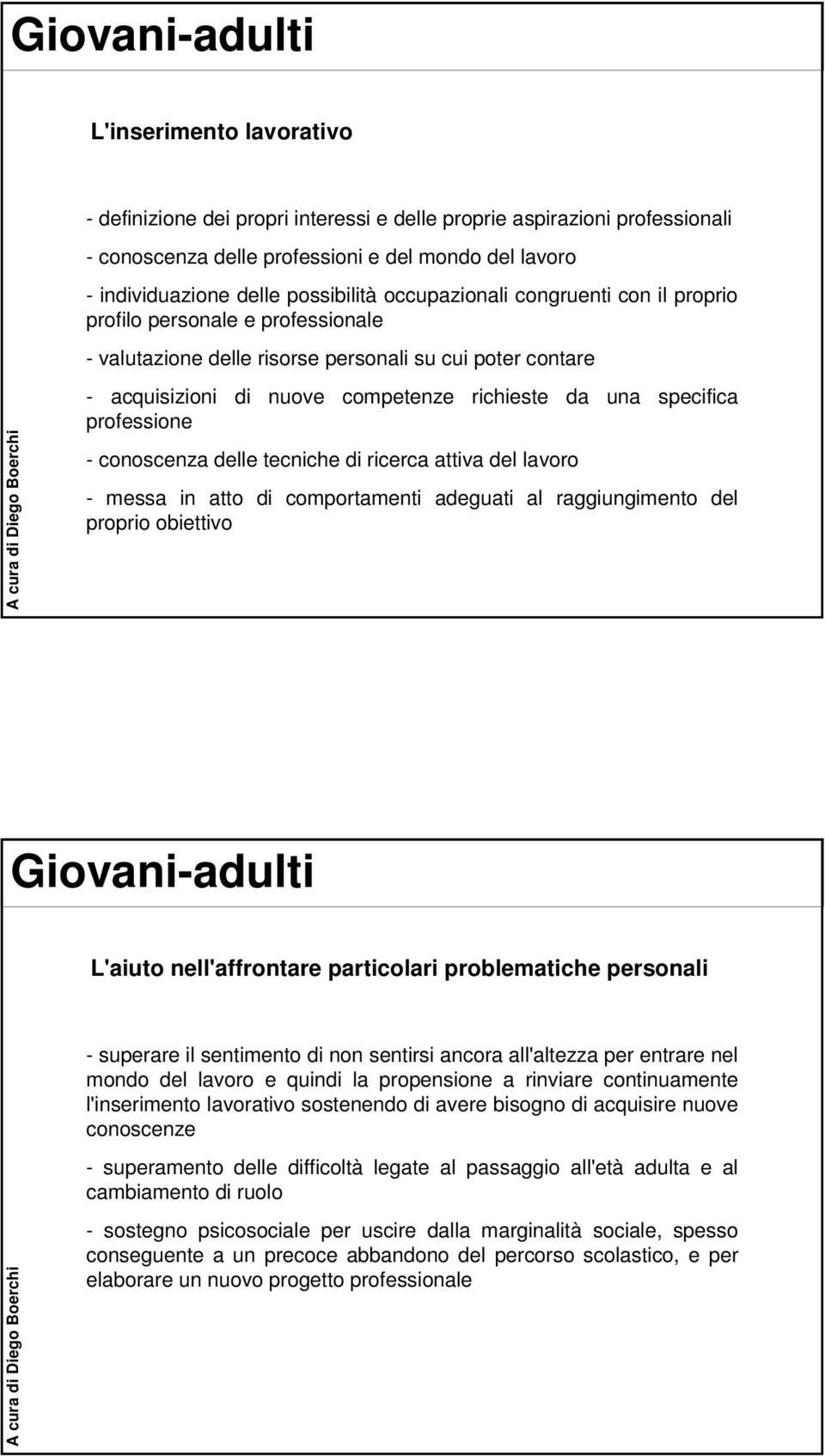 specifica professione - conoscenza delle tecniche di ricerca attiva del lavoro - messa in atto di comportamenti adeguati al raggiungimento del proprio obiettivo Giovani-adulti L'aiuto nell'affrontare