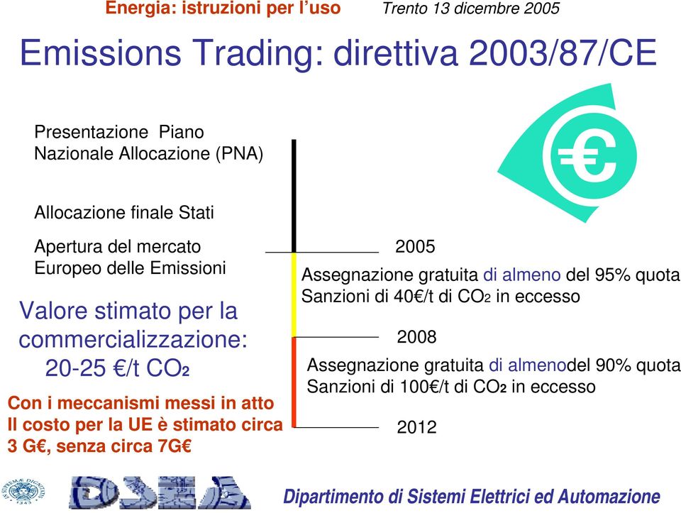 messi in atto Il costo per la UE è stimato circa 3 G, senza circa 7G 2005 Assegnazione gratuita di almeno del 95% quota