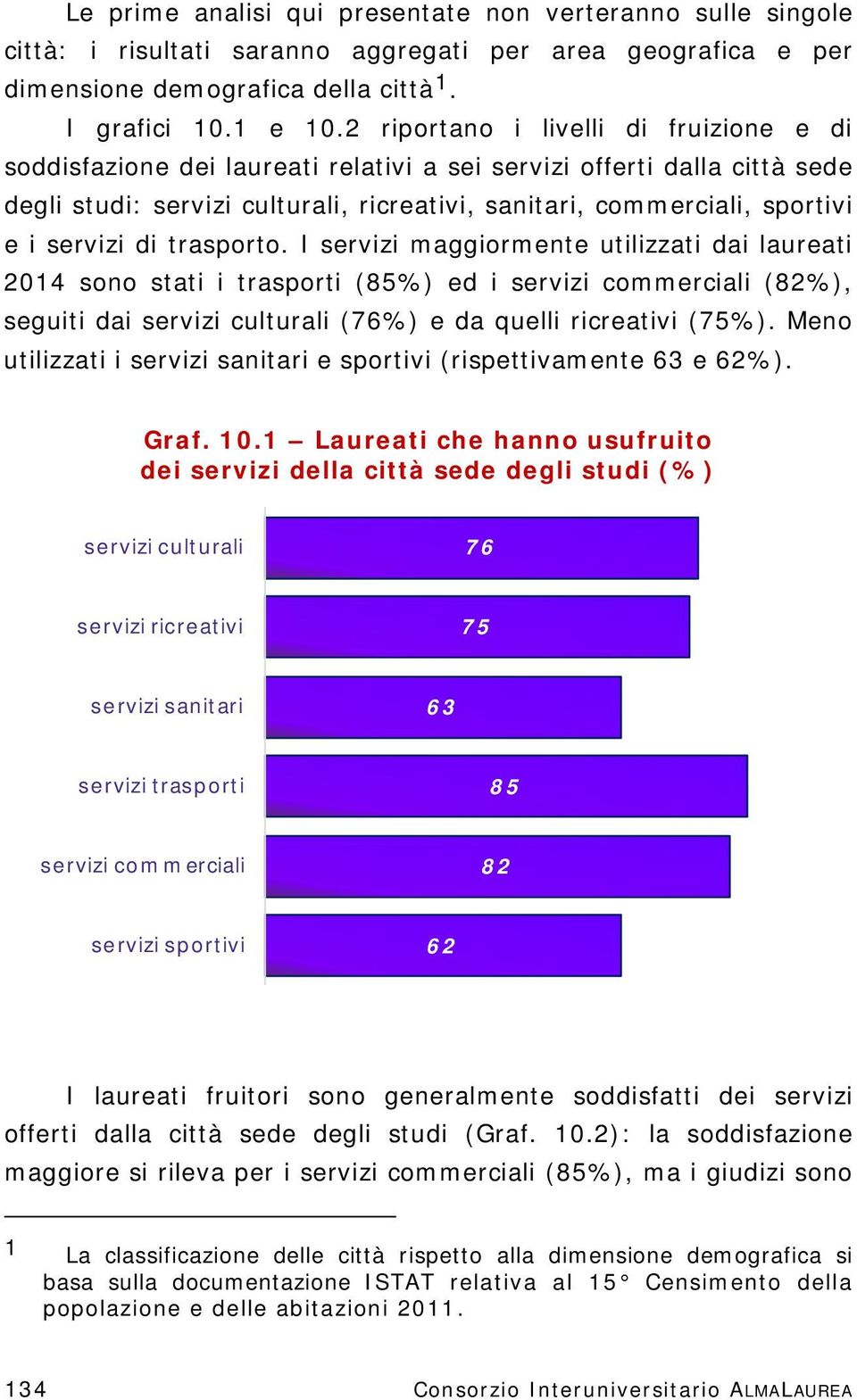 servizi di trasporto. I servizi maggiormente utilizzati dai laureati 2014 sono stati i trasporti (85%) ed i servizi commerciali (82%), seguiti dai servizi culturali (76%) e da quelli ricreativi (75%).