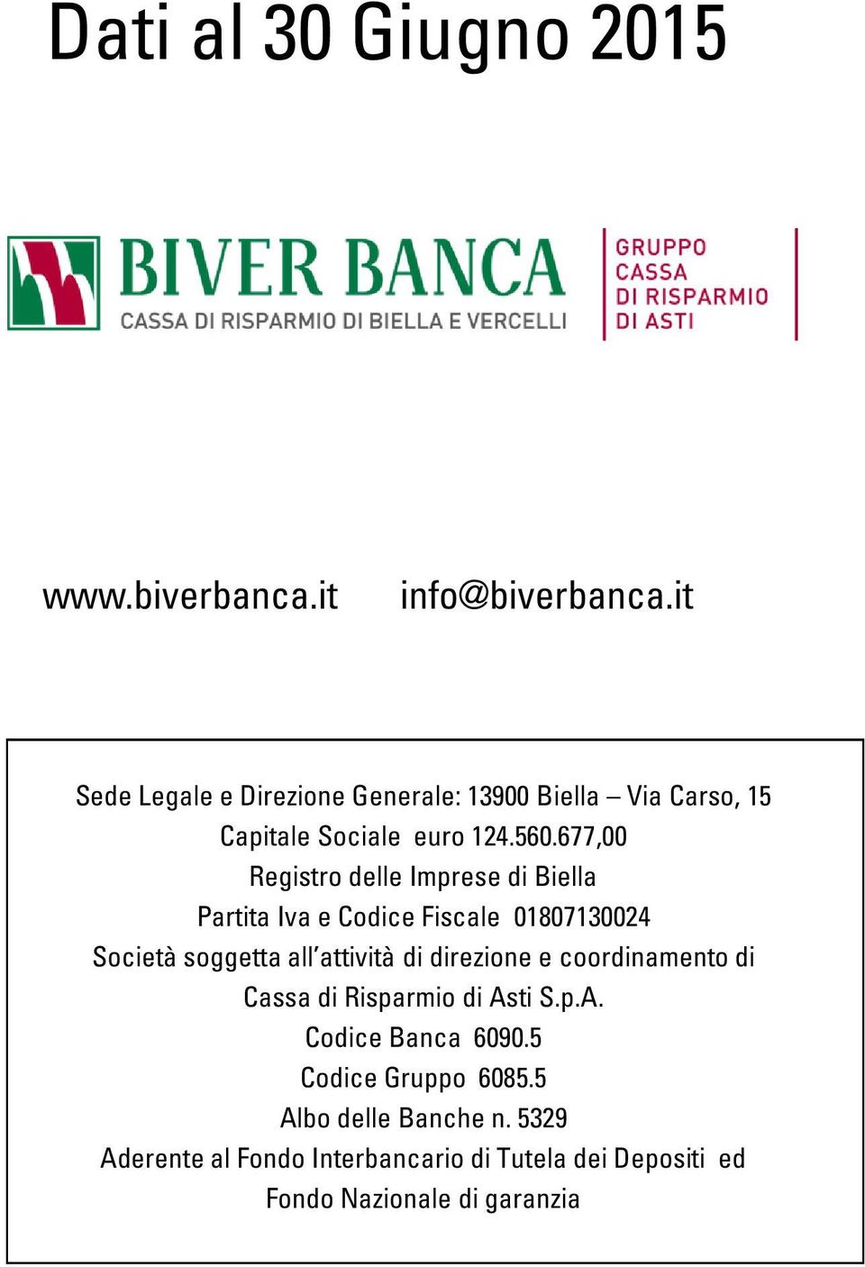 677,00 Registro delle Imprese di Biella Partita Iva e Codice Fiscale 01807130024 Società soggetta all attività di