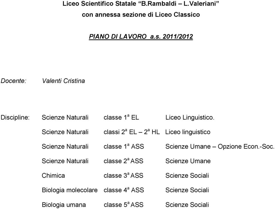 Scienze Naturali classi 2 a EL 2 a HL Liceo linguistico Scienze Naturali classe 1 a ASS Scienze Umane Opzione Econ.-Soc.