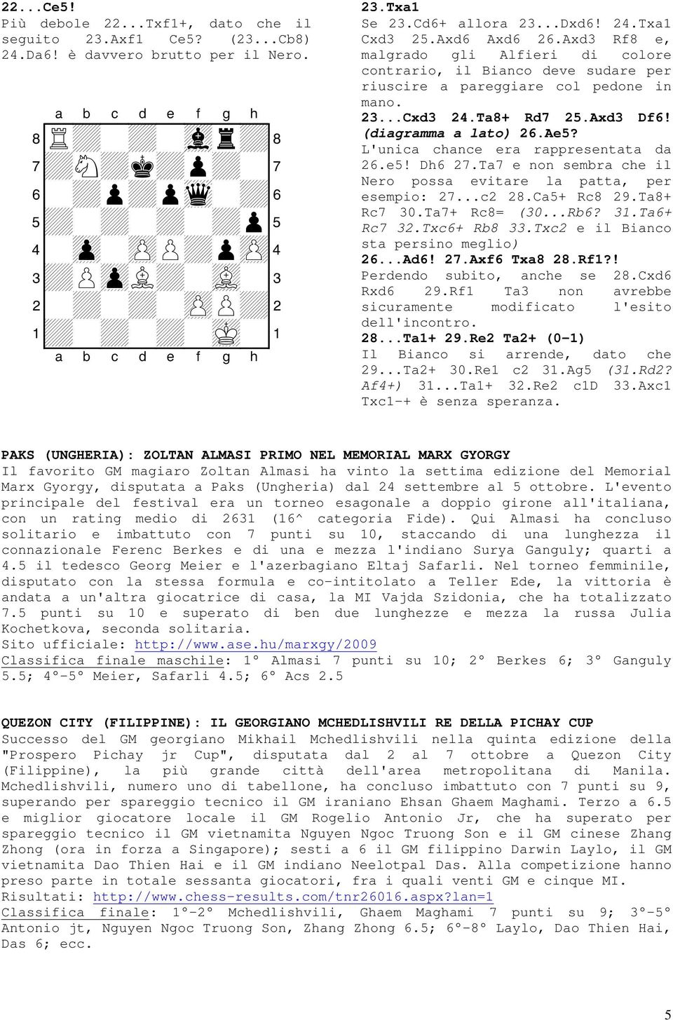 L'unica chance era rappresentata da 26.e5! Dh6 27.Ta7 e non sembra che il Nero possa evitare la patta, per esempio: 27...c2 28.Ca5+ Rc8 29.Ta8+ Rc7 30.Ta7+ Rc8= (30...Rb6? 31.Ta6+ Rc7 32.Txc6+ Rb8 33.