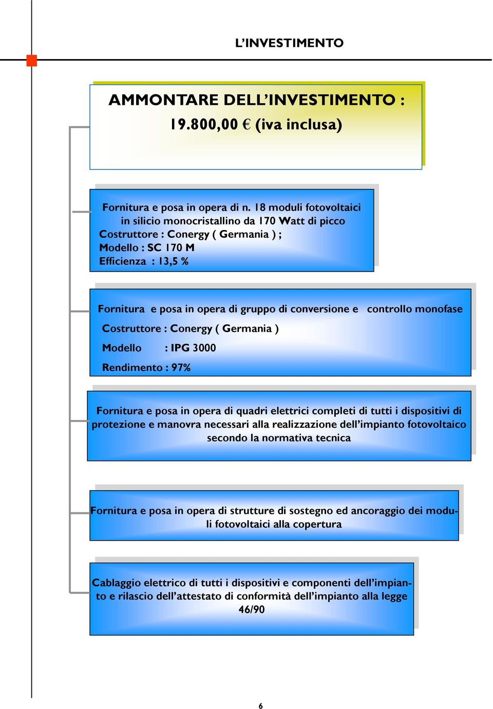 controllo monofase Costruttore : Conergy ( Germania ) Modello : IPG 3000 Rendimento : 97% Fornitura e posa in opera di quadri elettrici completi di tutti i dispositivi di protezione e manovra