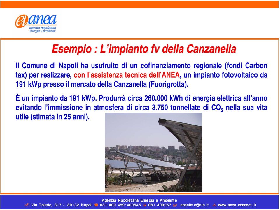 mercato della Canzanella (Fuorigrotta). È un impianto da 191 kwp. Produrrà circa 260.