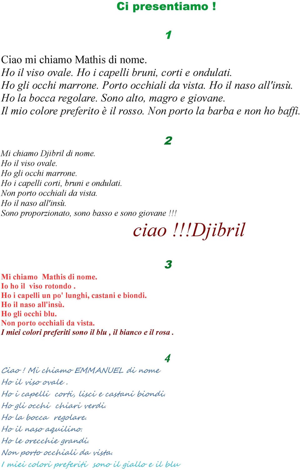 Ho i capelli corti, bruni e ondulati. Ho il naso all'insù. Sono proporzionato, sono basso e sono giovane!!! ciao!!!djibril 3 Mi chiamo Mathis di nome. Io ho il viso rotondo.