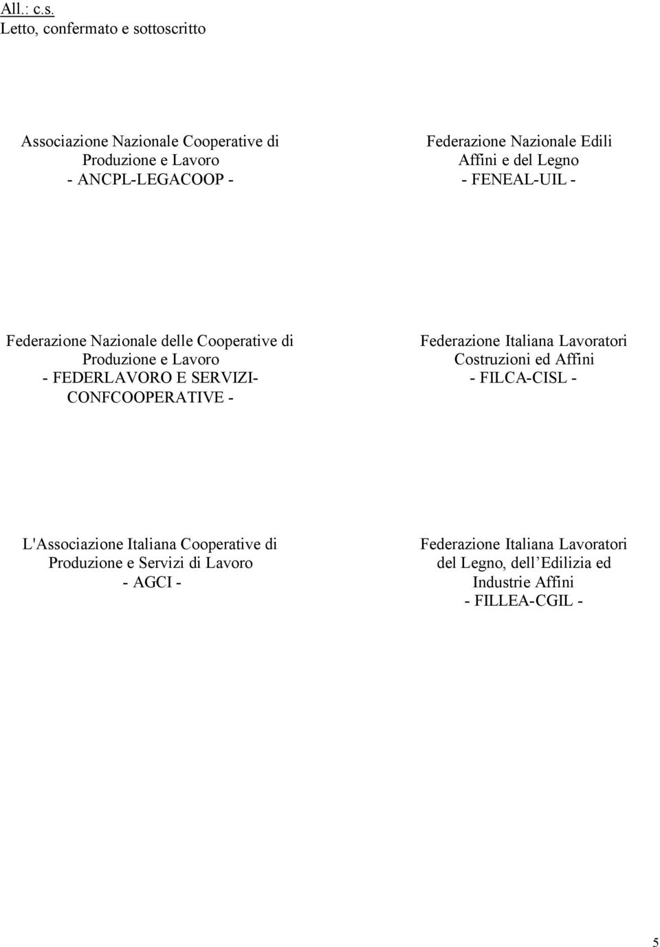 Edili Affini e del Legno - FENEAL-UIL - Federazione Nazionale delle Cooperative di Produzione e Lavoro - FEDERLAVORO E SERVIZI-