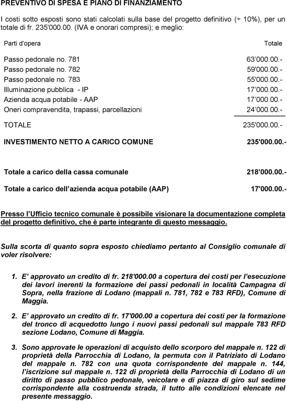 00.- Azienda acqua potabile - AAP 17 000.00.- Oneri compravendita, trapassi, parcellazioni 24 000.00.- TOTALE INVESTIMENTO NETTO A CARICO COMUNE 235'000.00.- 235'000.00.- Totale a carico della cassa comunale 218 000.