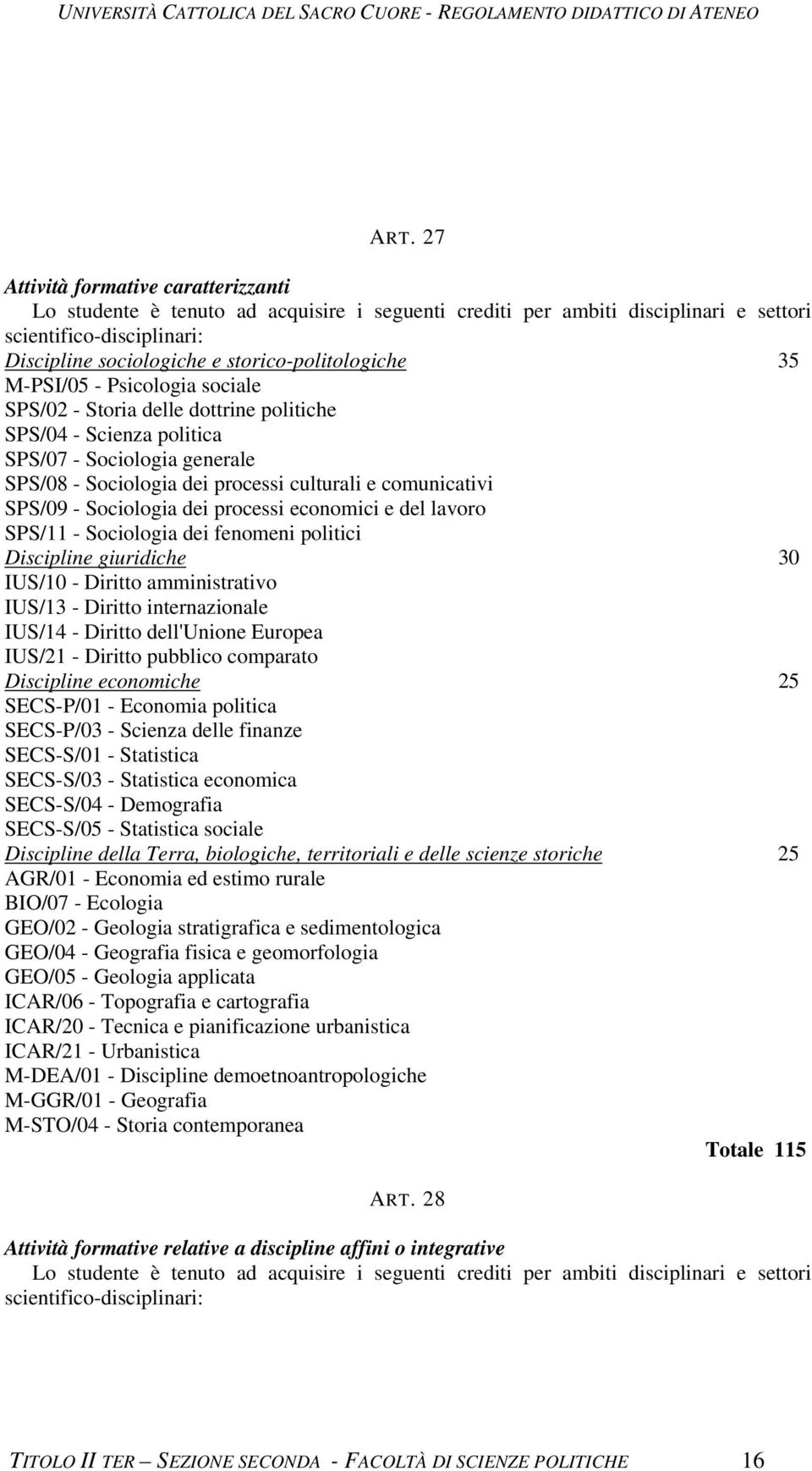 comunicativi SPS/09 - Sociologia dei processi economici e del lavoro SPS/11 - Sociologia dei fenomeni politici Discipline giuridiche 30 IUS/10 - Diritto amministrativo IUS/13 - Diritto internazionale