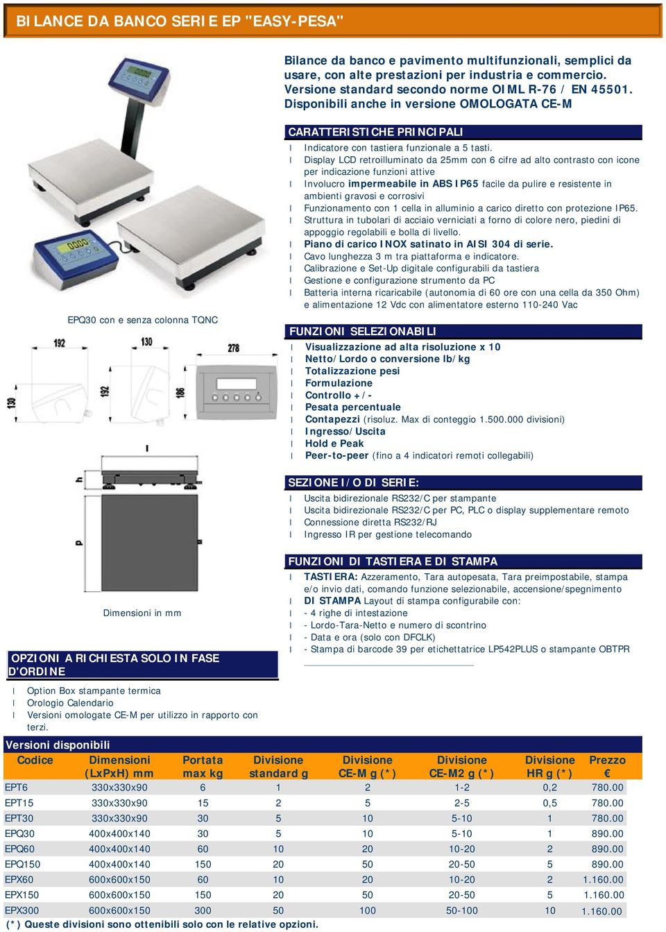 Disponibili anche in versione OMOLOGATA CE-M EPQ30 con e senza colonna TQNC CARATTERISTICHE PRINCIPALI Indicatore con tastiera funzionale a 5 tasti.