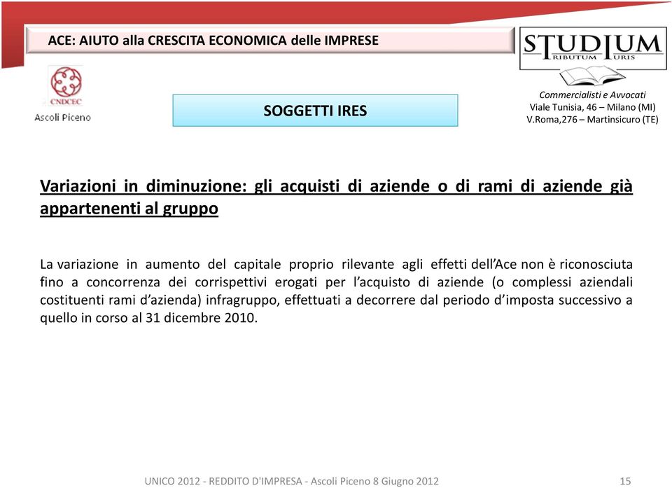 corrispettivi erogati per l acquisto di aziende (o complessi aziendali costituenti rami d azienda) infragruppo, effettuati a