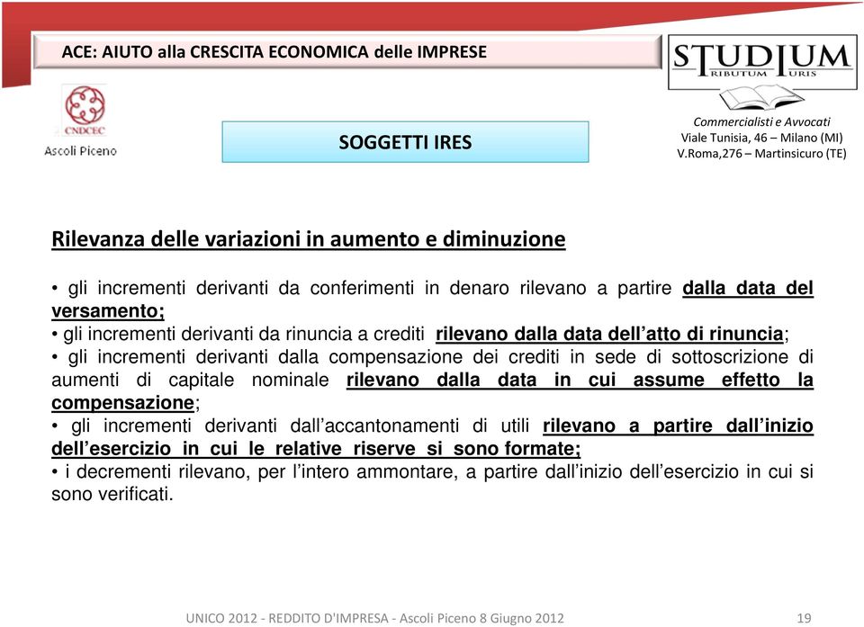 nominale rilevano dalla data in cui assume effetto la compensazione; gli incrementi derivanti dall accantonamenti di utili rilevano a partire dall inizio dell esercizio in cui le