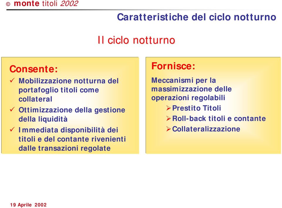 disponibilità dei titoli e del contante rivenienti dalle transazioni regolate Fornisce: Meccanismi