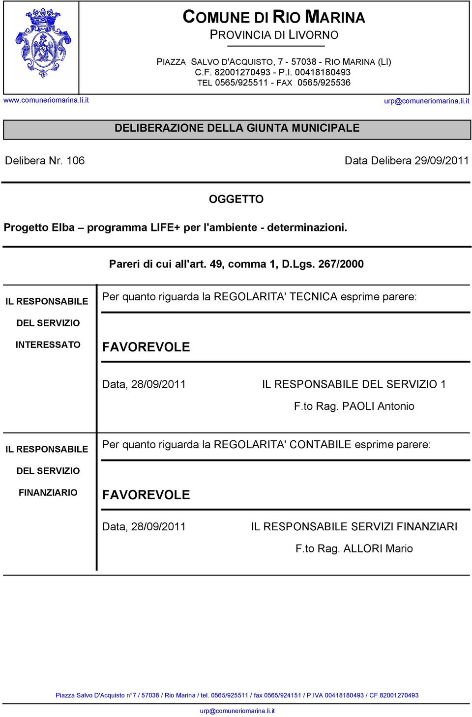 Pareri di cui all'art. 49, comma 1, D.Lgs.