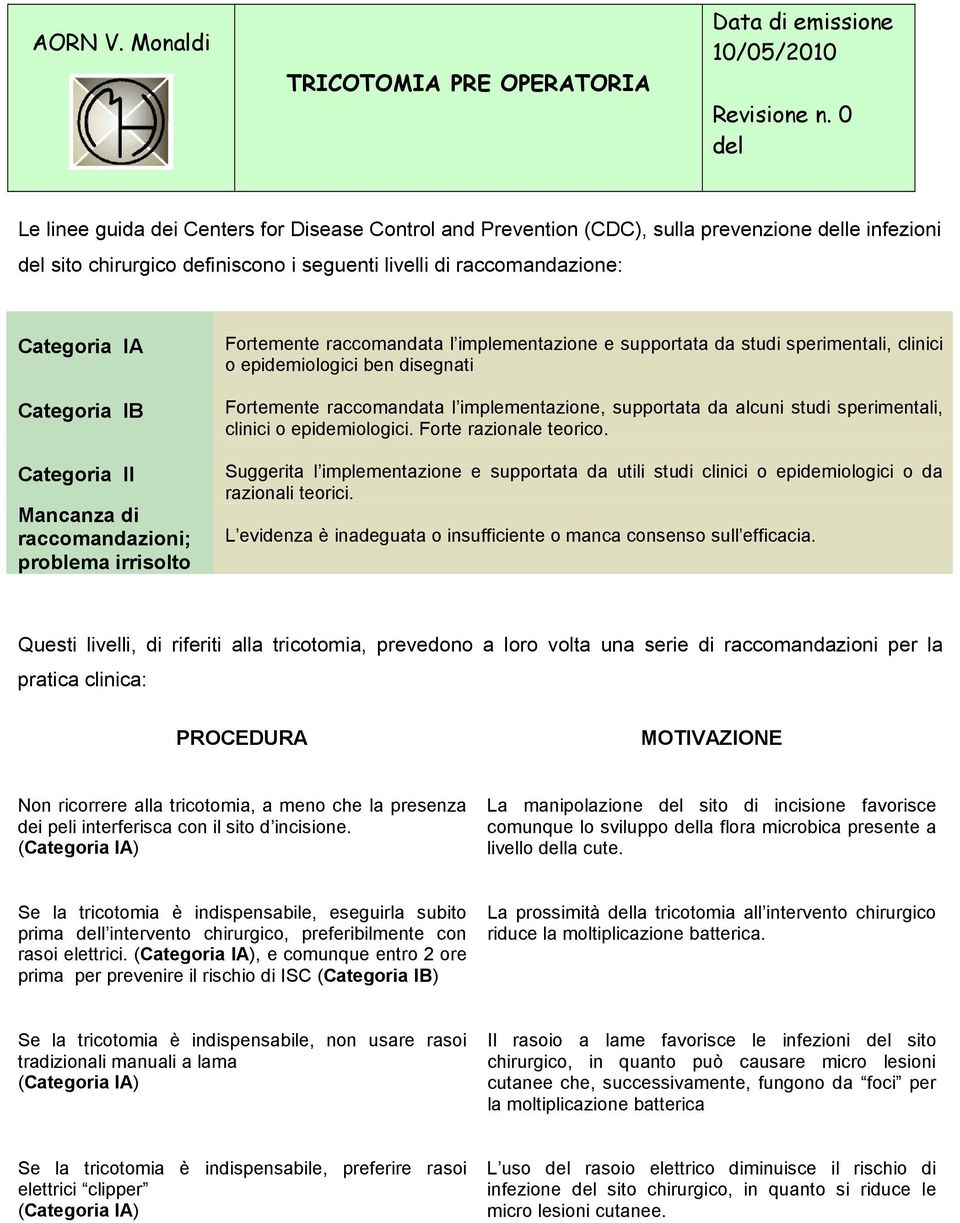 raccomandata l implementazione, supportata da alcuni studi sperimentali, clinici o epidemiologici. Forte razionale teorico.