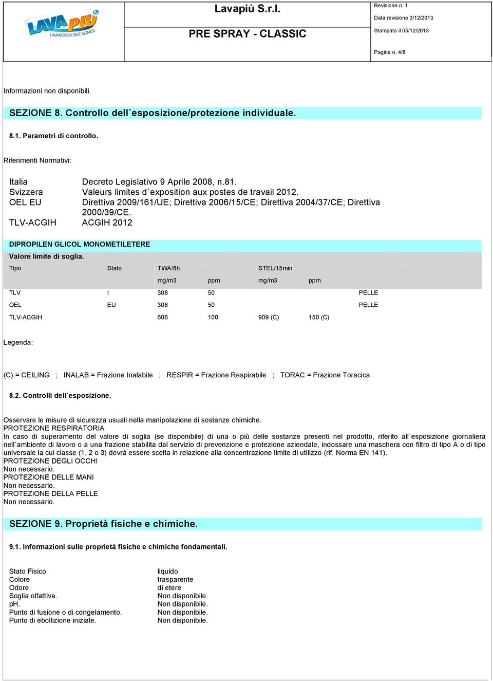 TLV-ACGIH ACGIH 2012 DIPROPILEN GLICOL MONOMETILETERE Valore limite di soglia.