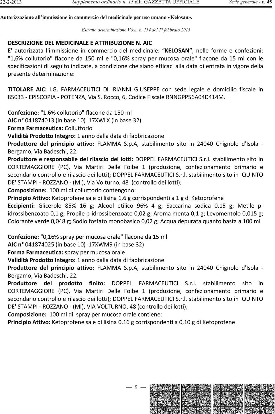 specificazionidiseguitoindicate,acondizionechesianoefficacialladatadientratainvigoredella presentedeterminazione: TITOLARE AIC: I.G.