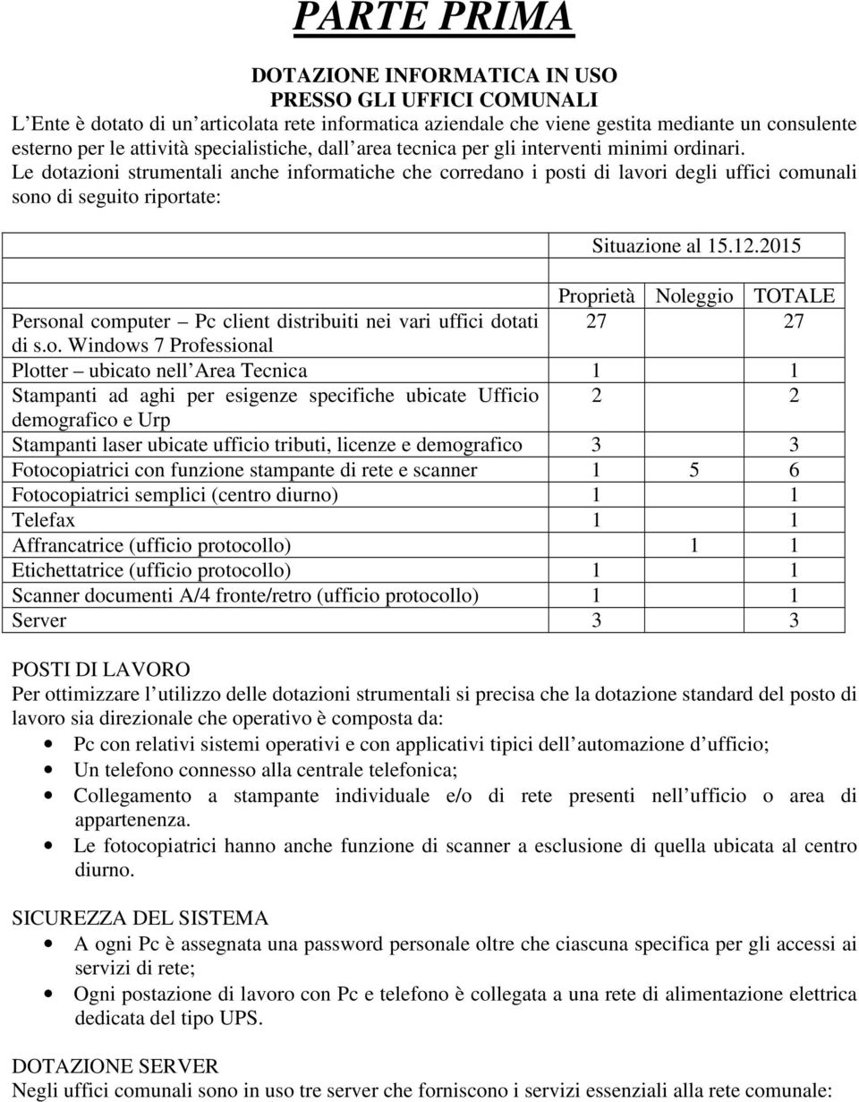 Le dotazioni strumentali anche informatiche che corredano i posti di lavori degli uffici comunali sono di seguito riportate: Situazione al 15.12.