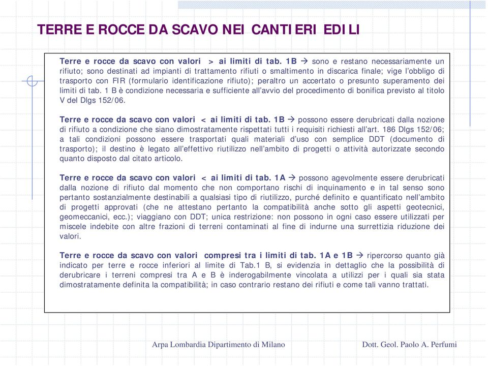 rifiuto); peraltro un accertato o presunto superamento dei limiti di tab. 1 B è condizione necessaria e sufficiente all avvio del procedimento di bonifica previsto al titolo V del Dlgs 152/06.