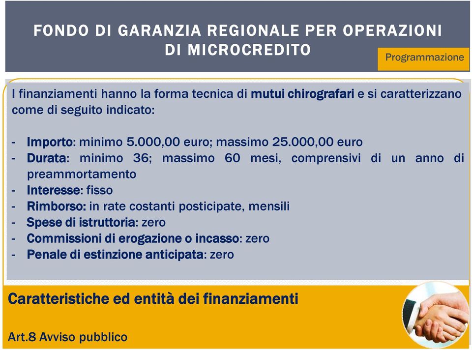 000,00 euro - Durata: minimo 36; massimo 60 mesi, comprensivi di un anno di preammortamento - Interesse: fisso - Rimborso: in rate costanti