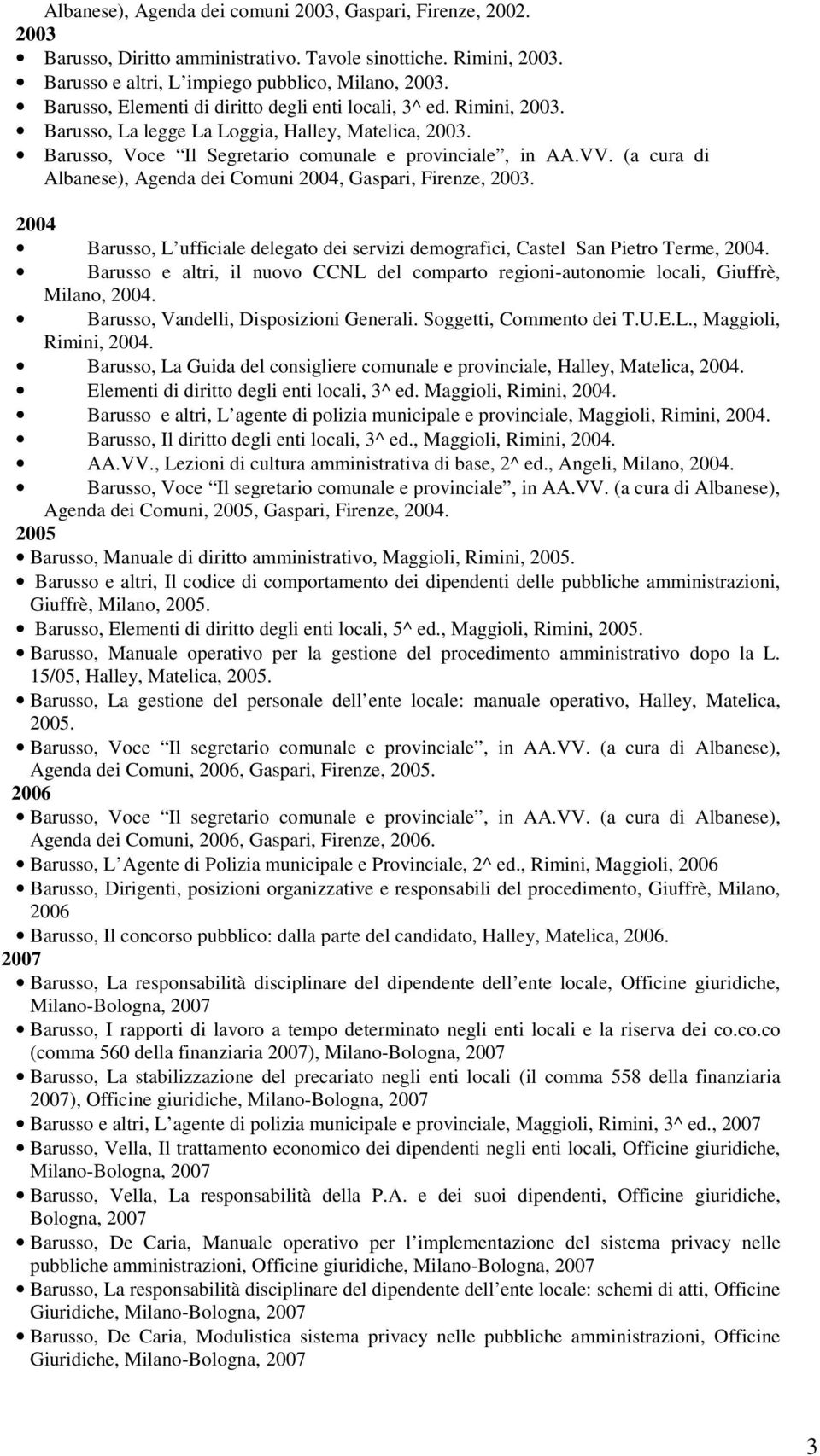 (a cura di Albanese), Agenda dei Comuni 2004, Gaspari, Firenze, 2003. 2004 Barusso, L ufficiale delegato dei servizi demografici, Castel San Pietro Terme, 2004.