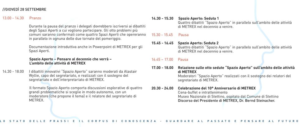 Documentazione introduttiva anche in Powerpoint di METREX per gli Spazi Aperti. Spazio Aperto Pensare al decennio che verrà L ambito delle attività di METREX 14.30-18.